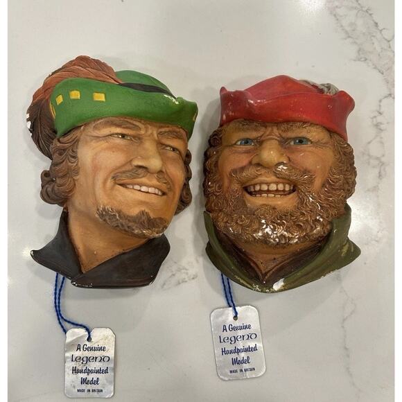 Little John‎ & Robinhood Heads Bosson Legend Models Chalkware England Wall Hang - Picture 1 of 13